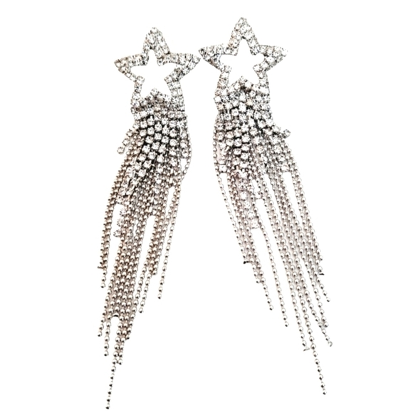 💖 Rhinestone Shooting stars tassel silver Statement formal dangle Earrings new - Picture 7 of 15